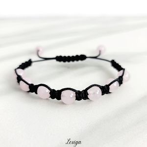 Rose Quartz Pink Black Macrame Stone Beacelet Jewelry Gift Handmade Spiritual